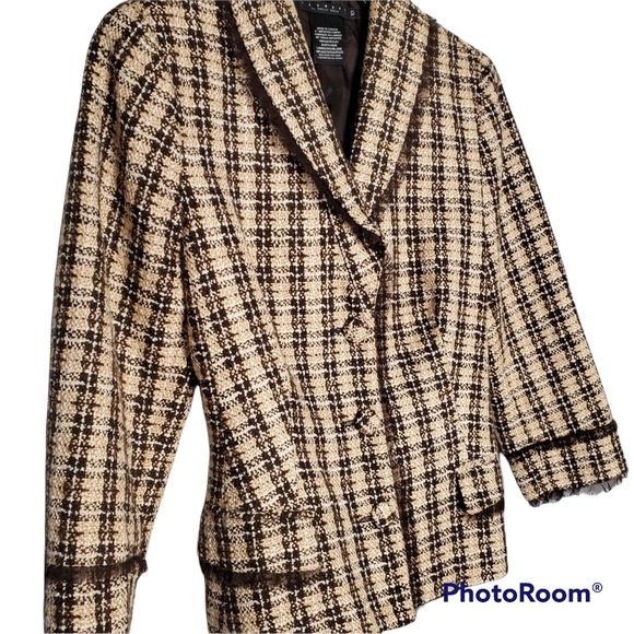 Laundry by Shelli Segal tweed belted waist blazer jacket tan brown cream size 10 - Picture 6 of 10